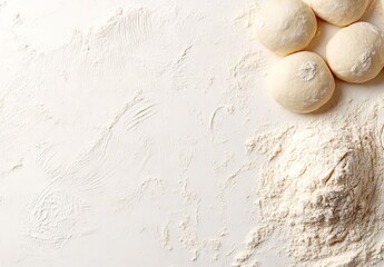 Three balls of dough and scattered flour on a textured white surface in overhead view