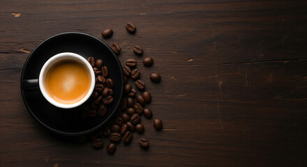 High quality roasted coffee beans and a cup of espresso on a dark rustic table with copy space for text