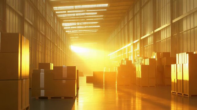 Warehouse interior storing cardboard boxes on pallets at sunset