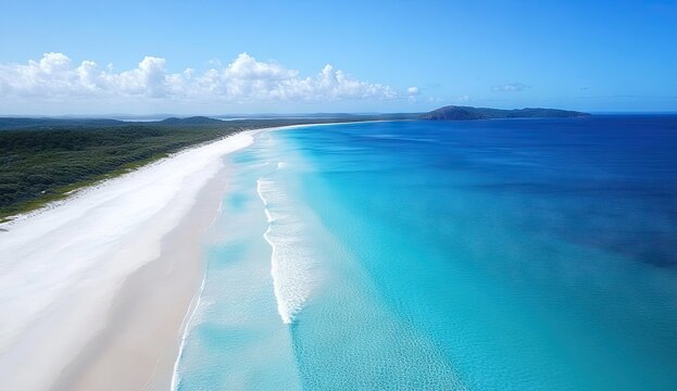 An aerial view of a pristine white sandy beach with turquoise ocean waves and green hills in the distance