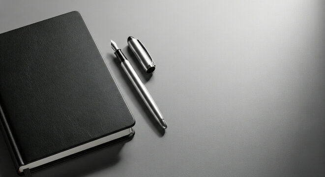 An elegant fountain pen resting on a closed black leather journal on a desk with copy space for text planning concept - Powered by Adobe