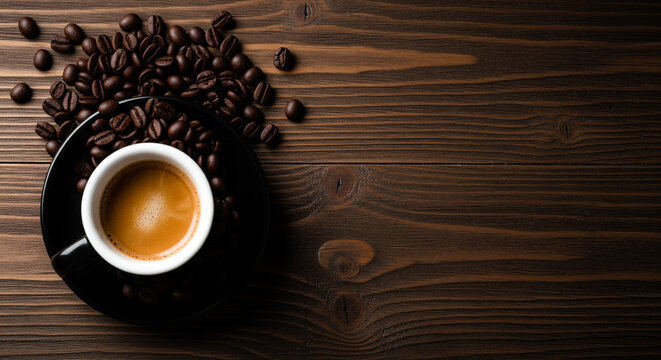 High quality roasted coffee beans and a cup of espresso on a dark rustic table with copy space for text