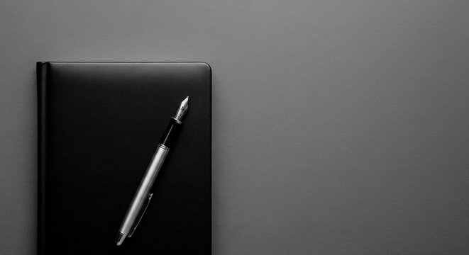An elegant fountain pen resting on a closed black leather journal on a desk with copy space for text planning concept