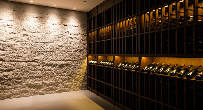 Racks of wine bottles in a modern wine cellar with a blank space on a stone wall for text copy space