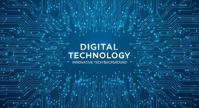 Illustration of digital technology abstract background with glowing blue circuit board pattern and text