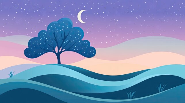 A stylized digital illustration of a lone glowing tree on a hill under a starry purple night sky with distant mountains