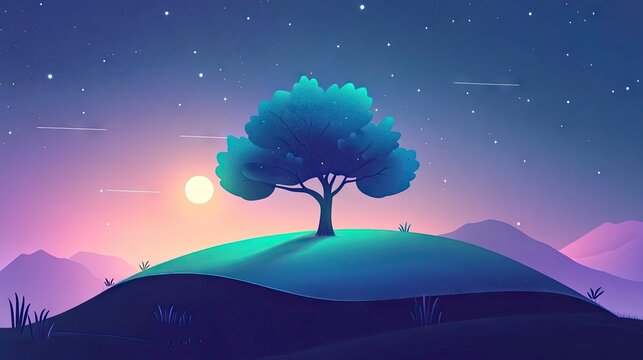 A stylized digital illustration of a lone glowing tree on a hill under a starry purple night sky with distant mountains