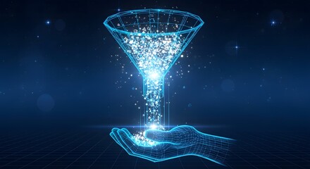 Illustration of abstract digital funnel filtering data from a hand into a futuristic network, representing data processing and analysis in technology