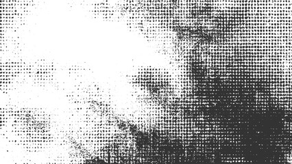 Black and white halftone dot pattern texture with scattered speckles abstract background