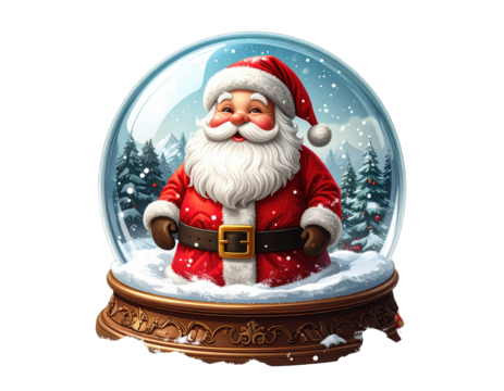Charming Santa Claus figure inside a festive snow globe.