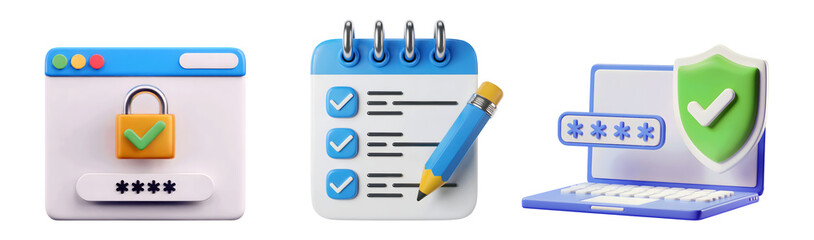 3d Secure digital access and data protection concepts with padlock checklist and shielded laptop isolated on png transparent background