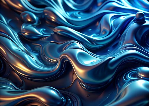 Abstract blue and gold liquid metal waves