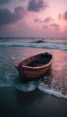 Obraz premium Wooden boat resting on the shore as waves lap around it during a serene and tranquil sunset. The sky is a beautiful pink color.