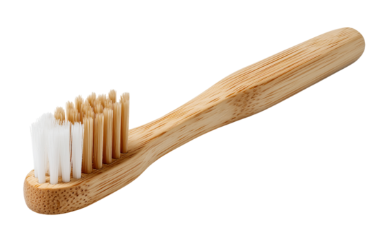 Bamboo toothbrush with white bristles isolated on a transparent background