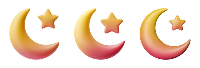 3d Dreamy crescent moon and star trio celestial themes nights and magical concepts isolated on png transparent background