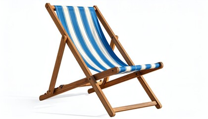 A wooden deckchair with blue and white stripes against a clean white background