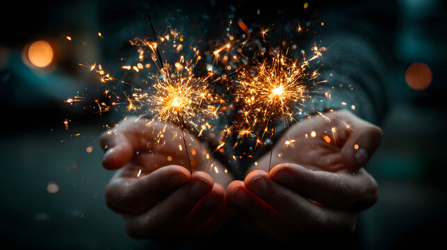 Close up of hands holding sparklers glowing in night celebration