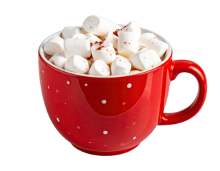 Cozy red polka dot mug overflowing with fluffy marshmallows.