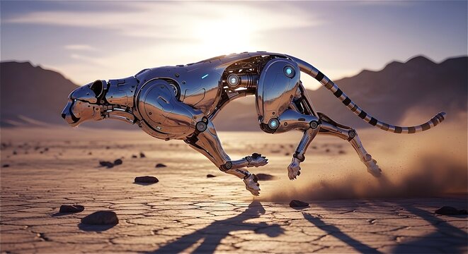 A highly realistic image of a cybernetic cheetah sprinting across a dry desert landscape at sunset, featuring metallic textures, glowing blue lights, and detailed motion effects that blend technology 