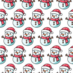 Seamless pattern with cheerful snowmen and snowflakes. Cute cartoon vector illustration for winter wrapping paper and holiday decorations. Transparent background.