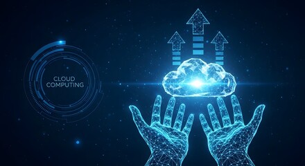 Illustration of digital hands holding a glowing cloud with upward arrows symbolizing data upload and cloud computing technology