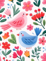 Obraz premium Adorable pink and blue birds nestled among vibrant floral blooms, perfect for cheerful designs.