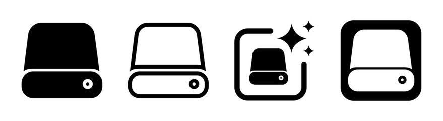 HDD drive icon vector illustration in black transparent style representing data storage technology, database server, and digital information stack PNG artwork