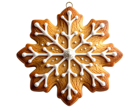 Festive snowflake shaped gingerbread cookie decorated with white icing for holidays.