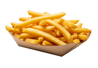 A generous portion of golden french fries in a paper tray