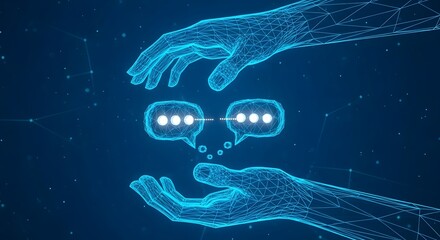 Illustration of abstract digital representation of two hands made of blue glowing particles holding a chat bubble icon symbolizing communication and connection in a network