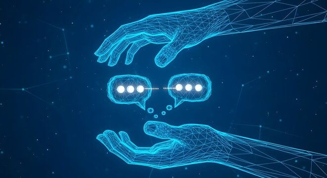 Illustration of abstract digital representation of two hands made of blue glowing particles holding a chat bubble icon symbolizing communication and connection in a network