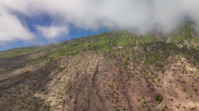 Rising drone view over the lush volcanic slopes of La Restinga, revealing the Atlantic Ocean and a dramatic layer of low clouds floating above El Hierro, Canary Islands.