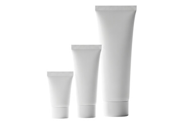 Three white cosmetic tubes of different sizes