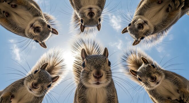 Group of Curious Squirrels Looking Down at Camera on a Clear Blue Sky Day.