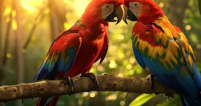 Two colorful macaws perched on a tree branch in a lush rainforest, illuminated by warm golden sunlight filtering through the leaves 4k video