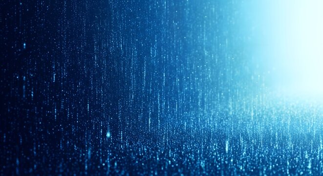 Illustration of abstract blue digital rain falling down with bright light on the right side, representing data flow and technology