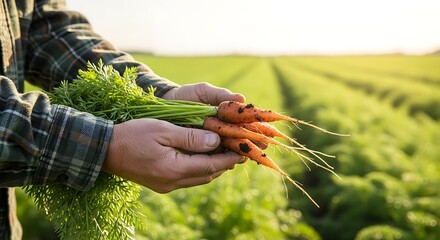 Farmer hands holding freshly harvested organic carrots in a vibrant green field at sunset symbolizing healthy eating and sustainable agriculture