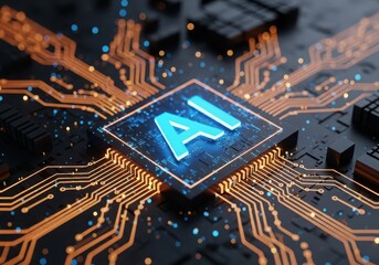 Ai text on a glowing blue and orange circuit board, symbolizing artificial intelligence and technology