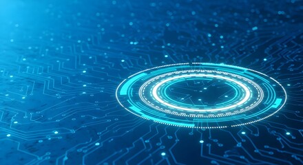 Illustration of abstract futuristic digital circuit board with glowing blue concentric circles and data streams, representing technology and innovation