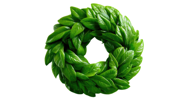 Green Laurel Wreath: A vibrant, verdant laurel wreath, symbol of victory, meticulously crafted from lush, glossy green leaves, set against an uncluttered backdrop.