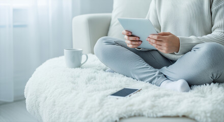 Woman using tablet relaxing on sofa in bright living room