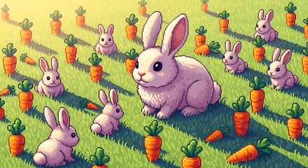 Charming Pixel Art Scene with Cute Rabbits and Carrots in a Sunny Green Field.