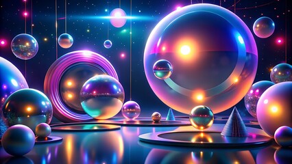Cosmic Spheres: A mesmerizing display of radiant orbs and geometric shapes floating in a vast, star-studded expanse, capturing the essence of the cosmos and abstract geometry.