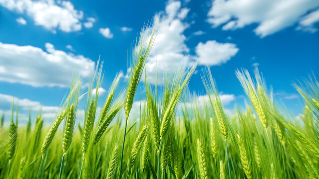 Vibrant green wheat stalks reaching towards a bright blue sky with fluffy white clouds
