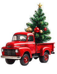Vintage Red Truck Delivering Festive Christmas Tree Holiday Season Joy.