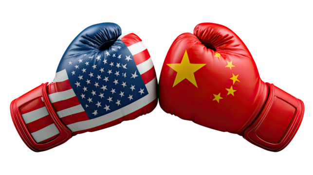 Clash of Nations: A pair of boxing gloves, one adorned with the United States flag and the other with the emblem of China.