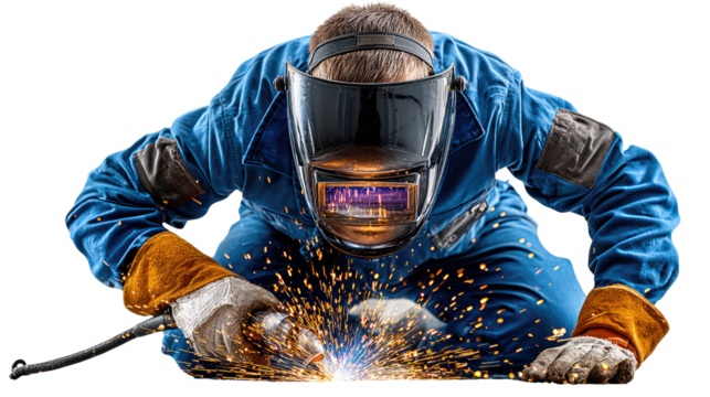 The Art of Spark: A skilled artisan, clad in protective gear, masterfully welds metal, sparks flying as the arc of the torch illuminates the precision of their craft. 