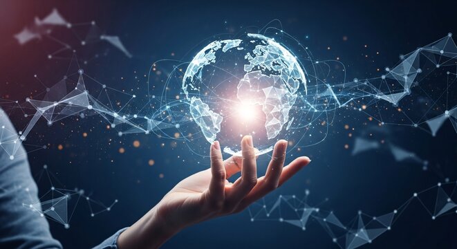 Hand Holding Digital Globe with Connected Network on Dark Blue