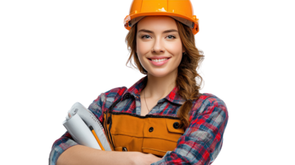 Empowered Engineer: A confident female engineer stands with blueprint, donning a hard hat and protective vest. A portrait of expertise in action.