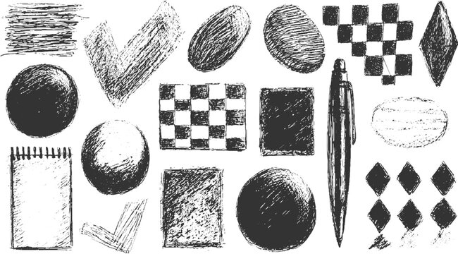 Collection of hand drawn sketch elements including circles squares checkerboards pen and notebook drawing